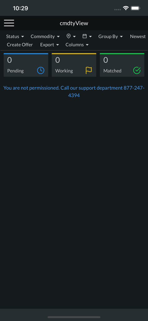 cmdtyView - Interface of the cmdtyView app displaying a commodity trading dashboard with order statuses for pending working and matched trades