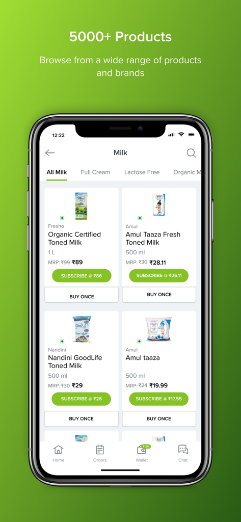 bbdaily app screen showing fresh milk products from various brands with options to subscribe or buy once.