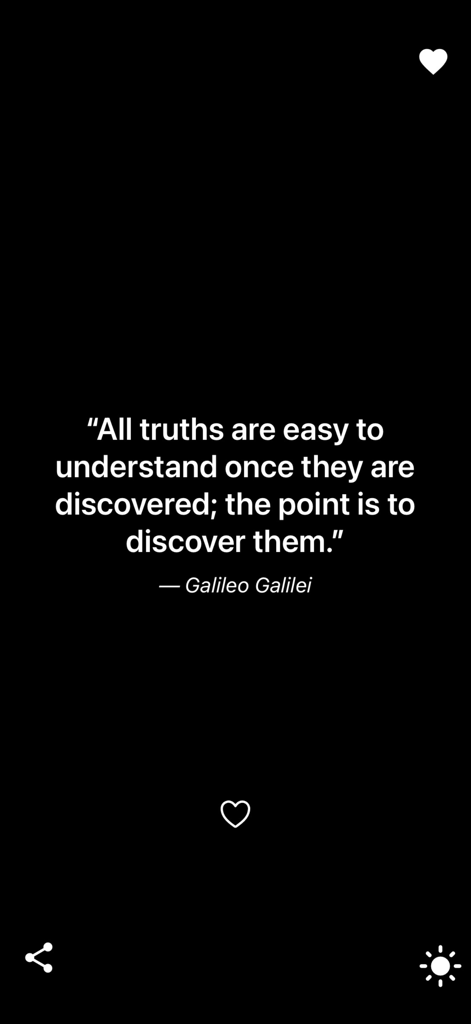 Upword (c852e1) - Upword app screenshot in dark mode displaying a philosophical quote by Galileo Galilei with minimalist interface icons.