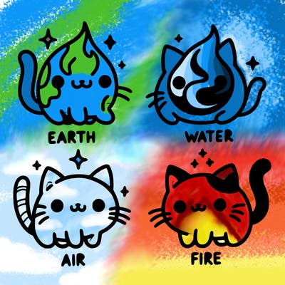 4 cats that represent the different elements, earth, water, air, and fire