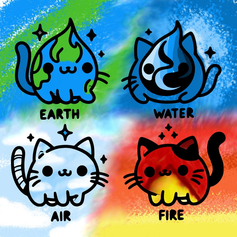 4 cats that represent the different elements, earth, water, air, and fire