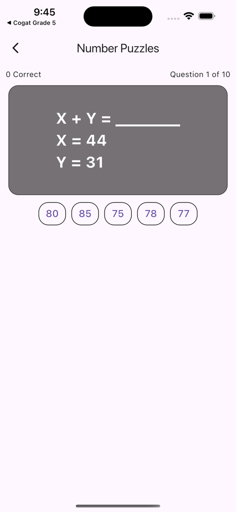 COGAT for Grade 6 - COGAT for Grade 6 app interface showing a number puzzle quiz question