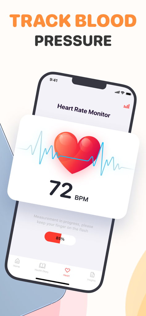 Pulse Plus app interface showing a heart rate measurement of 72 BPM and blood pressure tracking feature