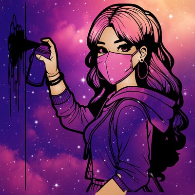 realistic girl with mask spray painting a wall