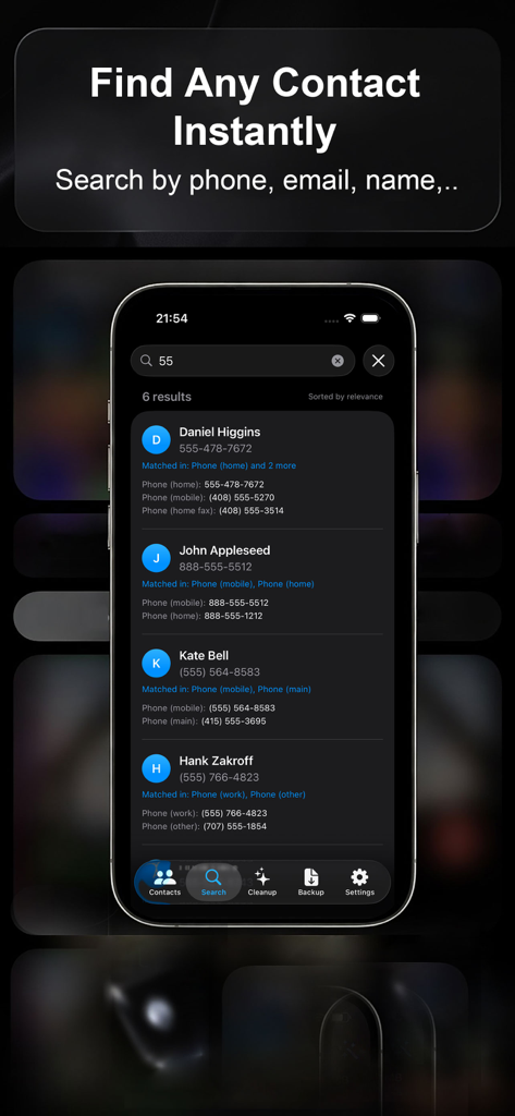 cSync: Sync Google Contacts,.. - Interface do aplicativo cSync mostrando pesquisa instantânea de contatos por telefone e nome