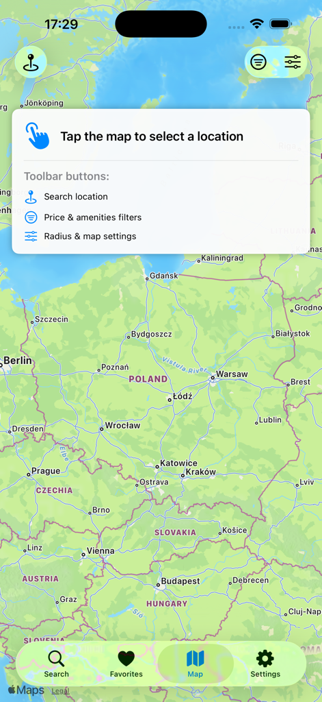 숙소 위치를 선택하기 위한 여행 앱의 대화형 폴란드 지도