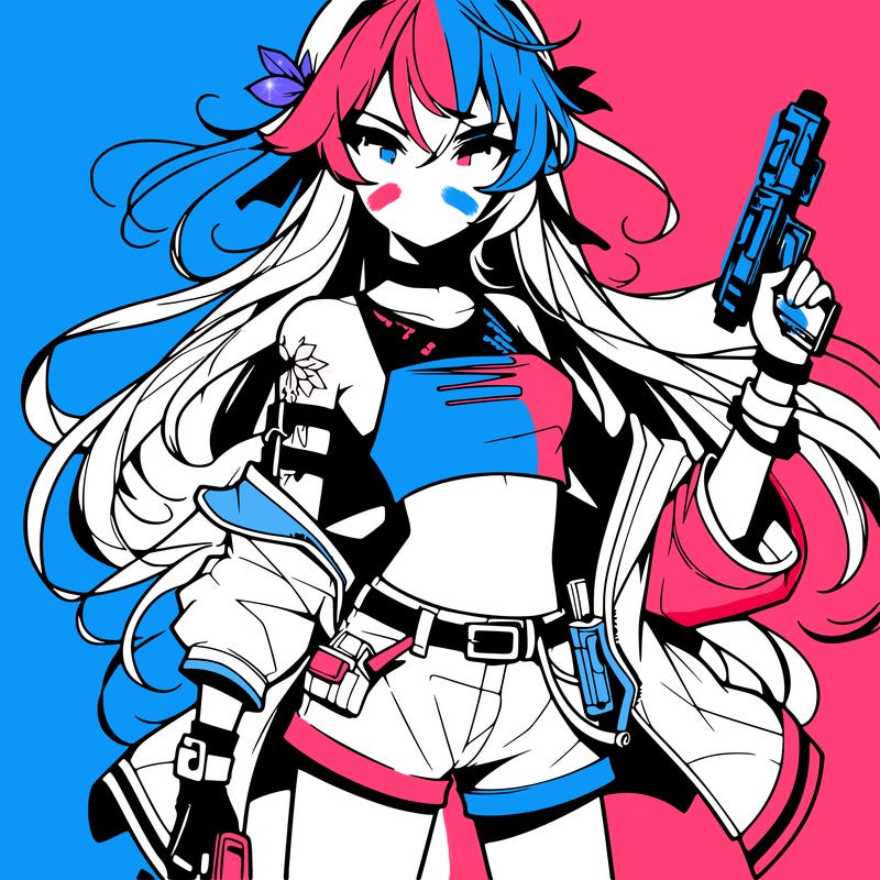 bad girl wearing crop top holding a gun long hair anime