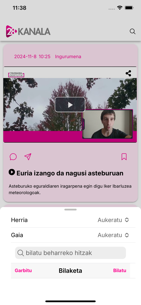 28 KANALA mobile app interface showing a local weather news report and search filters