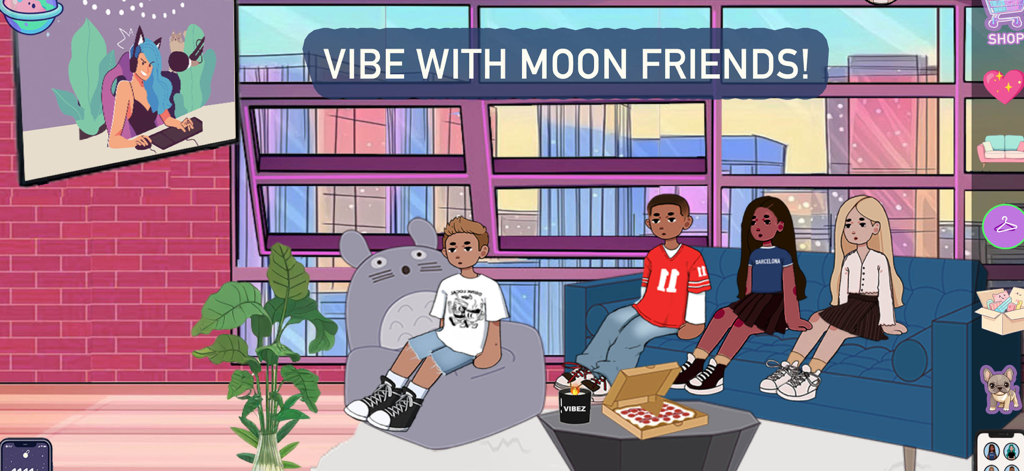 Moon World: Life & Style Sim - Personajes estilizados pasando el rato en una acogedora sala de estar con vistas a la ciudad en Moon World