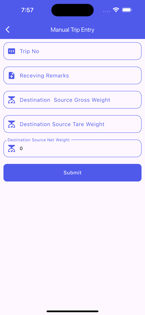 Terra Track - Interfaz de entrada manual de viajes de la aplicación Terra Track para gestión de logística y peso