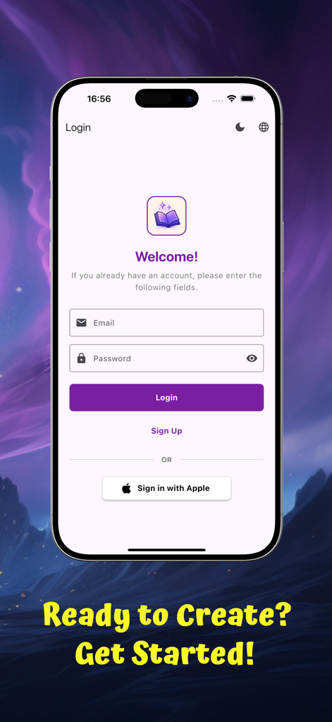 AI Book Generator - The login page of the AI Book Generator app featuring email and password fields along with a sign in with Apple button.