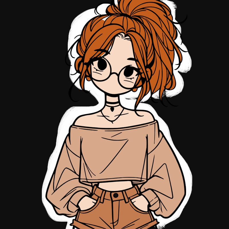 girl with a messy ponytail glasses a baggy crop top and jean shorts