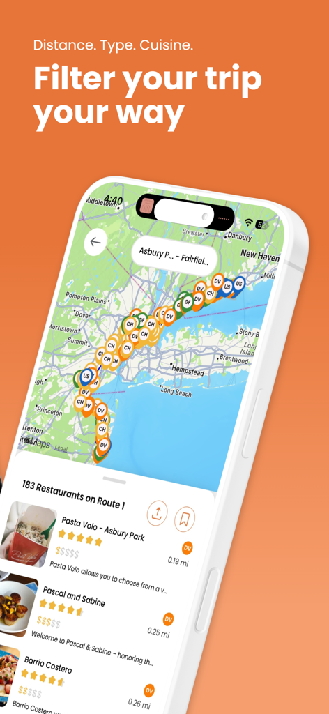 Gluten Dude app interface showing a map with gluten free restaurant pins along a driving route