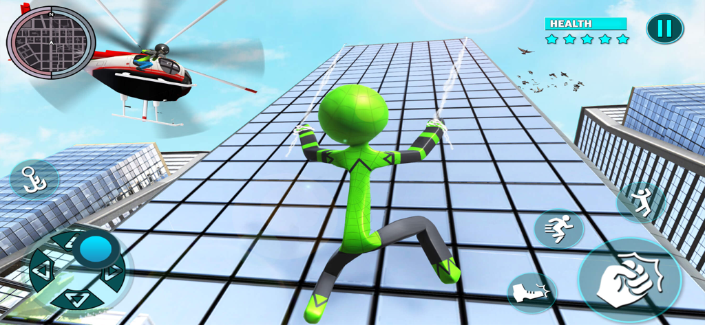 Grand Stickman City Hero Game - A green stickman hero using ropes to climb a large glass skyscraper in a city setting