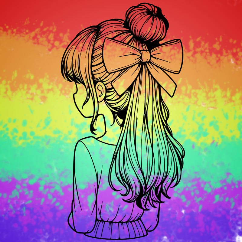 realistic girl  with hip length hair a bun and a big bow on the back of head