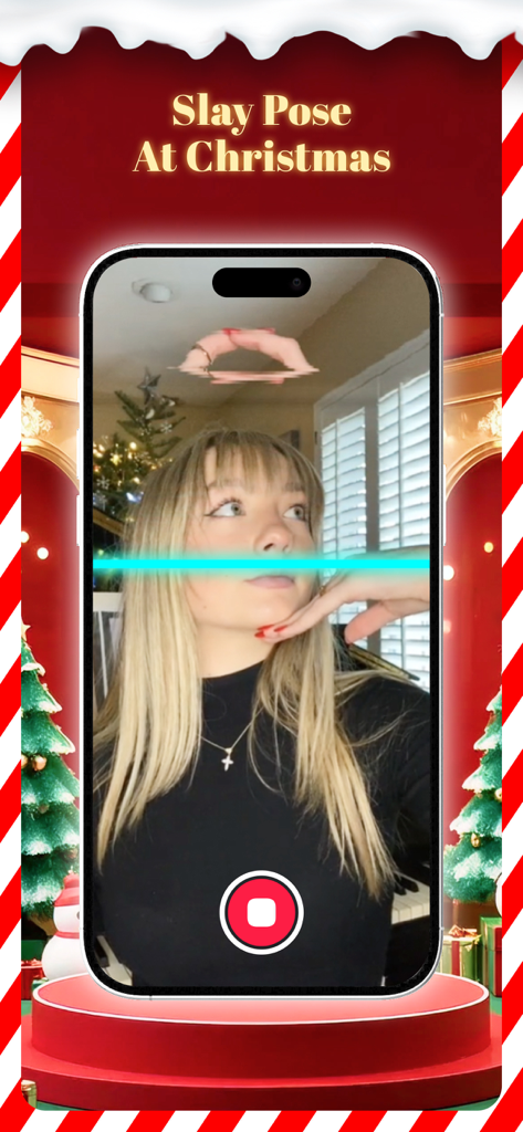 A young woman using the Time Warp Scan filter on an iPhone with a Christmas themed background