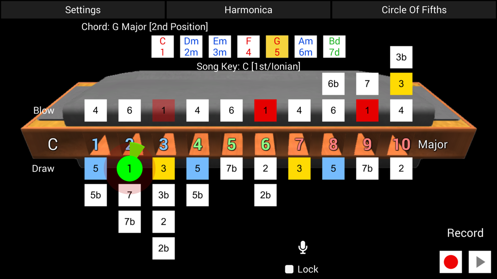 HarpNinja Diatonic Harmonica - Interface of the HarpNinja Diatonic Harmonica app showing real-time pitch recognition and note visualization for a 10-hole harmonica