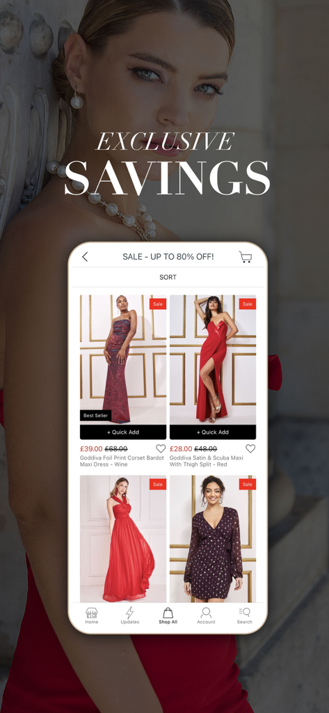 Schermata dell'app Goddiva che mostra risparmi esclusivi e una svendita di abiti formali da donna