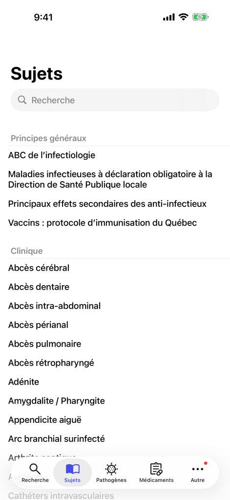Antibiothérapie Pédiatrique - Screenshot of the clinical subjects list in the Antibiothérapie Pédiatrique app showing various pediatric infection topics like abscesses and tonsillitis.