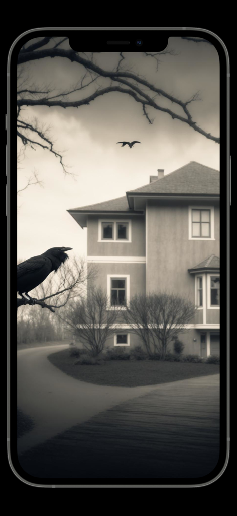 VR Movies 3D - Virtual Reality - A spooky house and a crow in a virtual reality horror movie scene.
