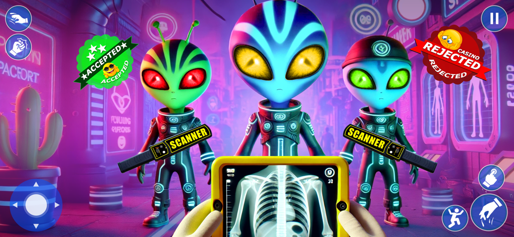 Space Security: Alien Guard - A gameplay screenshot of Space Security: Alien Guard showing a security officer using an X-ray scanner on an alien at a futuristic spaceport checkpoint