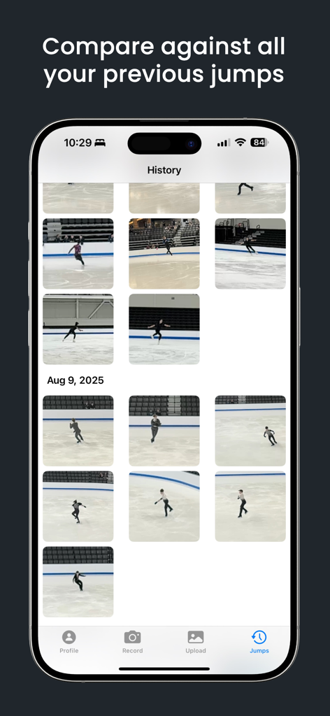 OOFSkate - OOFSkate app interface showing a history of figure skating jump videos for performance tracking and comparison.