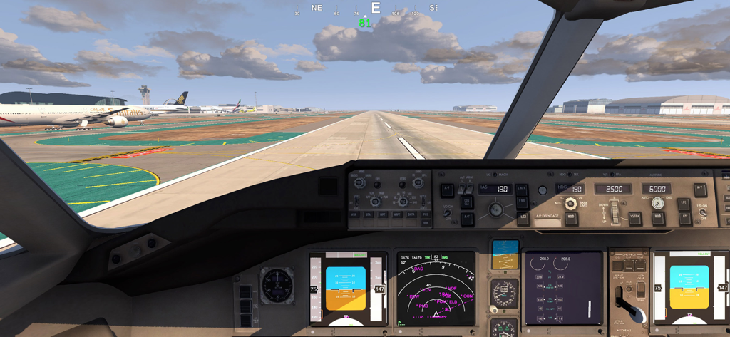Flight Simulator Advanced - first person view from a realistic airplane cockpit onto an airport runway