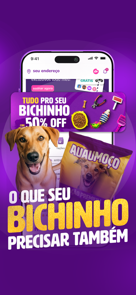 Tela do aplicativo aiqfome mostrando 50% de desconto em serviços de entrega de pet shop com um cachorro sorridente e ração.