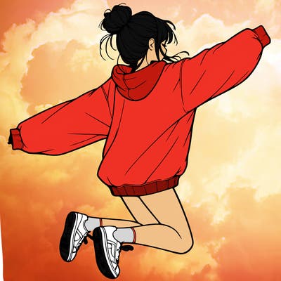 realistic girl jumping with a bun and oversized sweatshirt