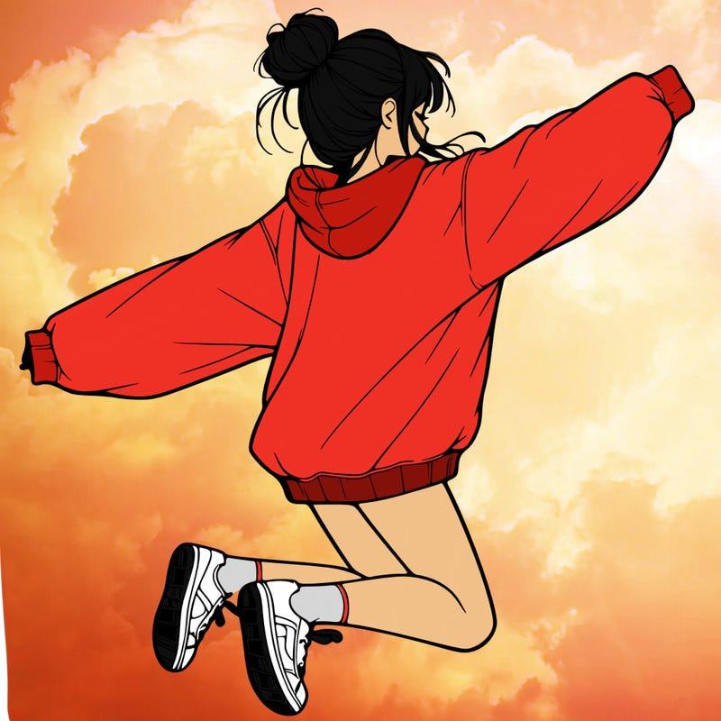 realistic girl jumping with a bun and oversized sweatshirt
