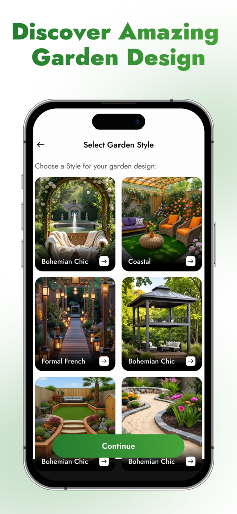 Bildschirm der KI- Gartendesign-App mit Optionen für Gartenstile wie Bohemian Chic Coastal und Formal French