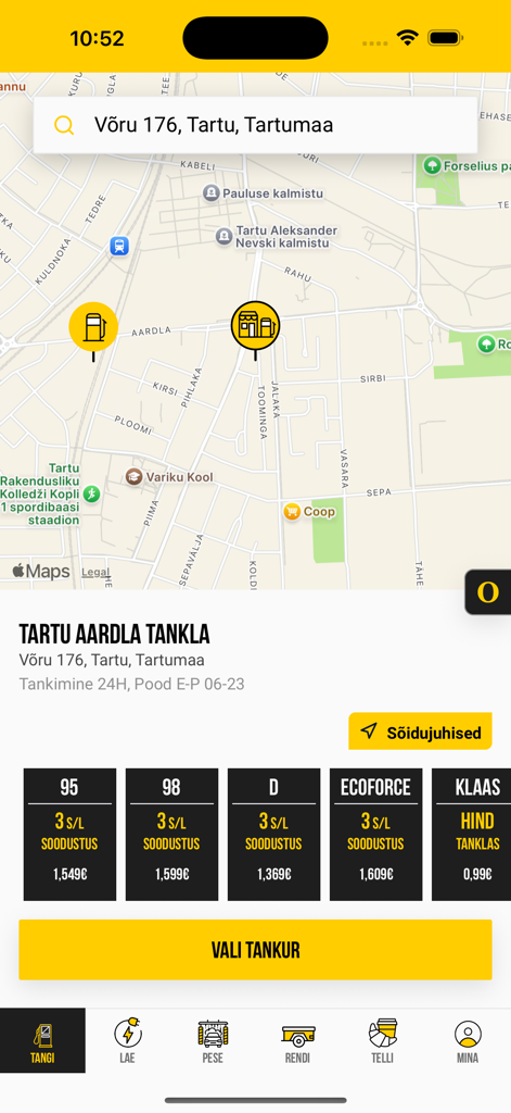 Olerex app showing a gas station location on a map with current fuel prices and select pump button