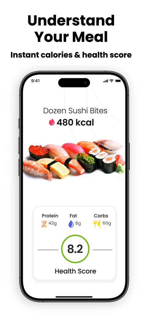 caKao AI - Calories & Fitness - caKao AI App-Oberfläche, die Kalorienzählung und Gesundheits-Score für eine Sushi-Mahlzeit anzeigt