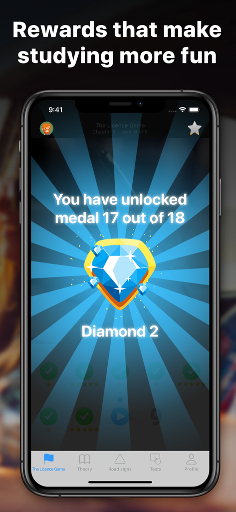 iKörkort - A mobile screen from iKorkort showing an unlocked diamond medal as part of the gamified study mode for the Swedish driver license test.