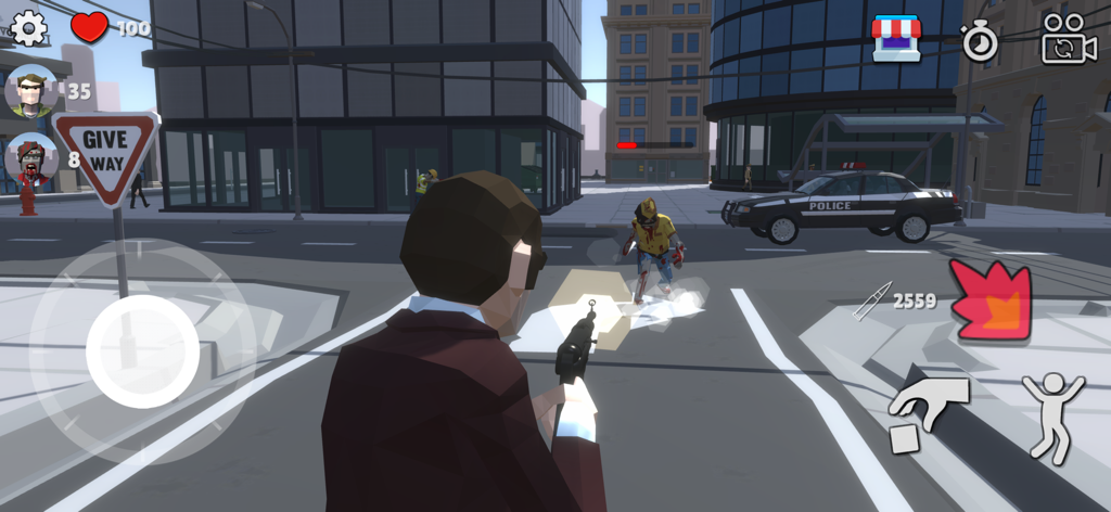 Sandbox City - Character aiming a submachine gun at a zombie in a low poly open world city