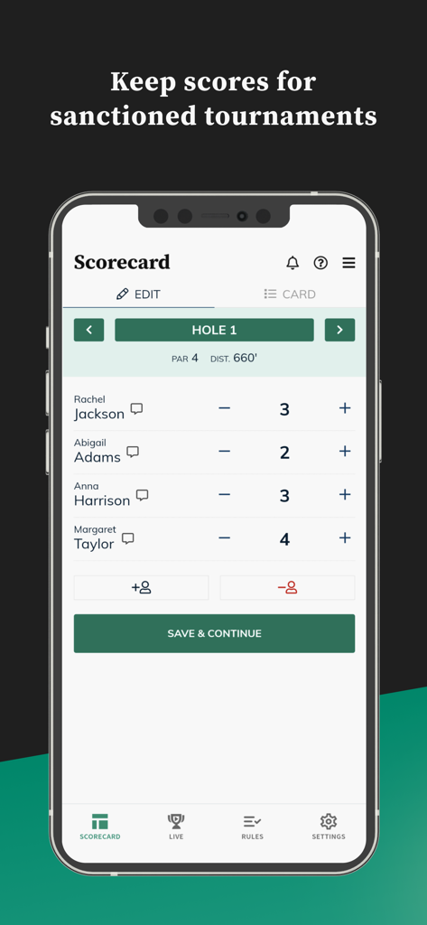Digital disc golf scorecard interface in the PDGA Live app for sanctioned tournament scoring