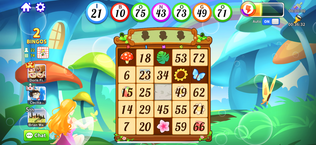Gameplay di Bingo Lucky che mostra una cartella di bingo a 75 palline in un tema colorato di foresta di funghi con classifiche live e chat
