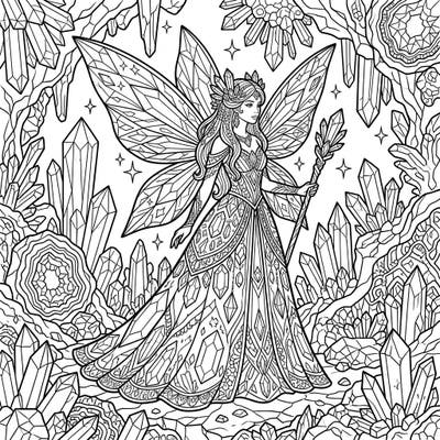 Embark on a magical journey with this exquisite Crystal Fairy adult coloring page. Designed for experienced colorists, it offers intricate details and a fantastical mineral-rich environment for a truly engaging experience.