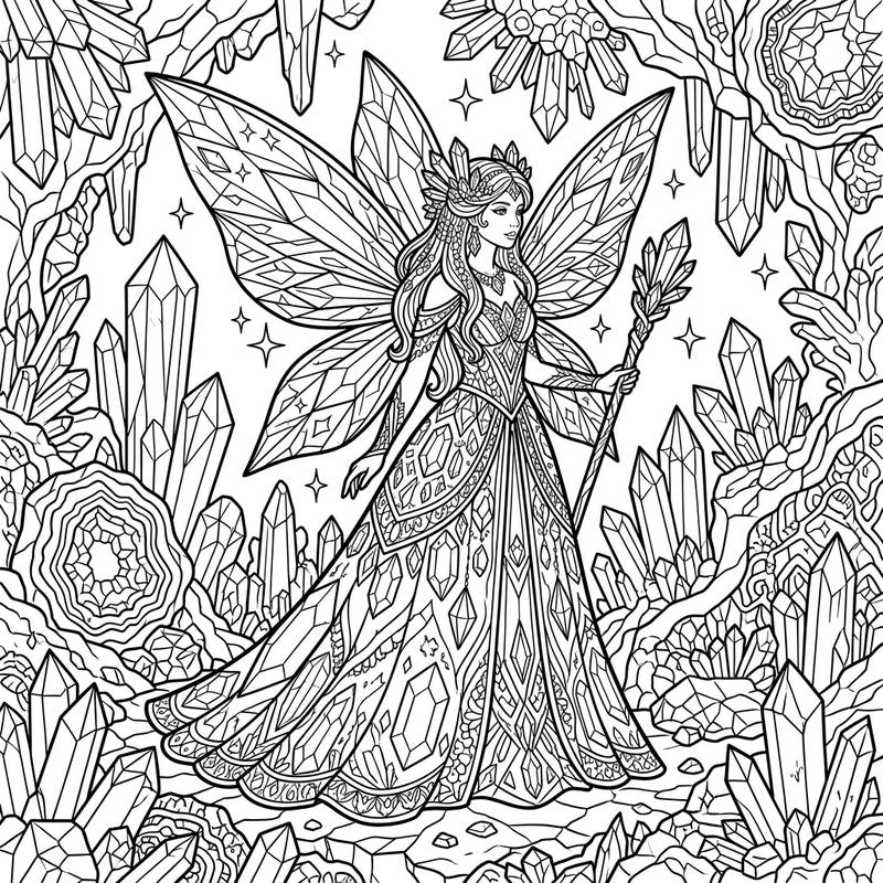 Embark on a magical journey with this exquisite Crystal Fairy adult coloring page. Designed for experienced colorists, it offers intricate details and a fantastical mineral-rich environment for a truly engaging experience.