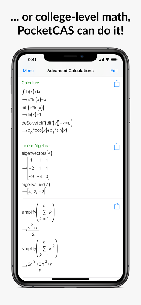 Mathematics with PocketCAS Pro - Advanced calculus and linear algebra calculations displayed on the PocketCAS Pro iPhone app
