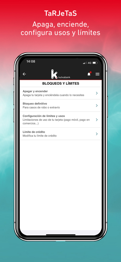 Interfaz de la aplicación KutxabankPay que muestra los controles de seguridad de la tarjeta de crédito, incluidas las opciones para apagar tarjetas y establecer límites de gasto.