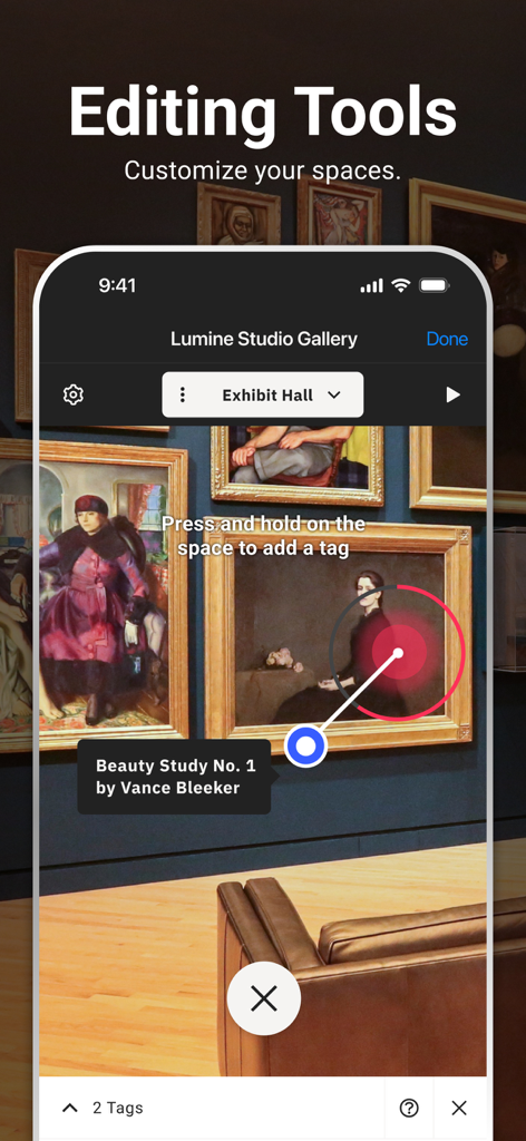 Screenshot der Matterport-App, der Bearbeitungswerkzeuge zum Hinzufügen interaktiver Tags zu einem 3D-Digital-Twin einer Kunstgalerie zeigt