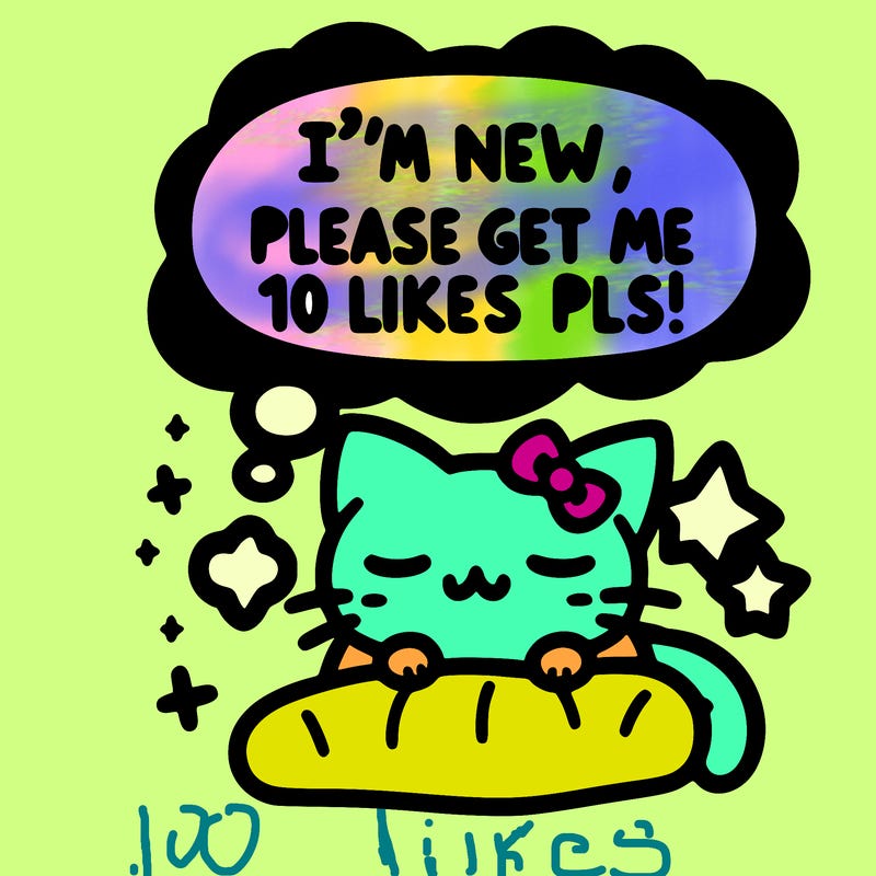 kitty taking a nap dream talking and saying "i'm new, please get me at least 10 likes pls!!"