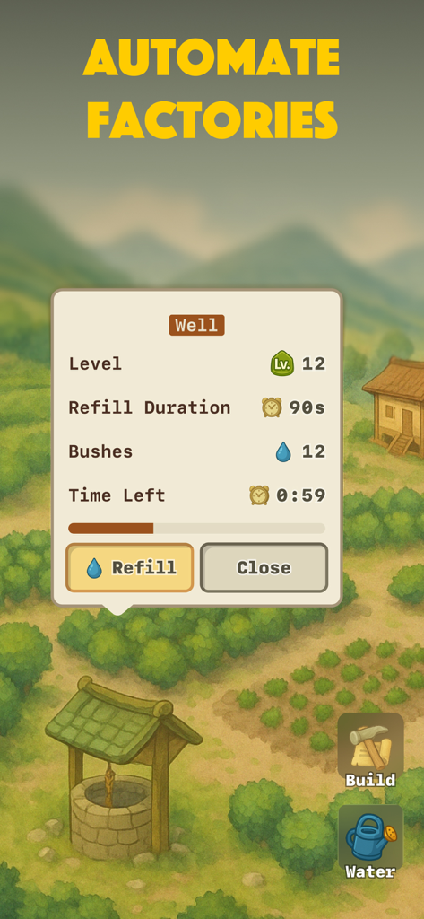 In-game menu for a water well showing upgrade stats in Idle Tea Farm Tycoon