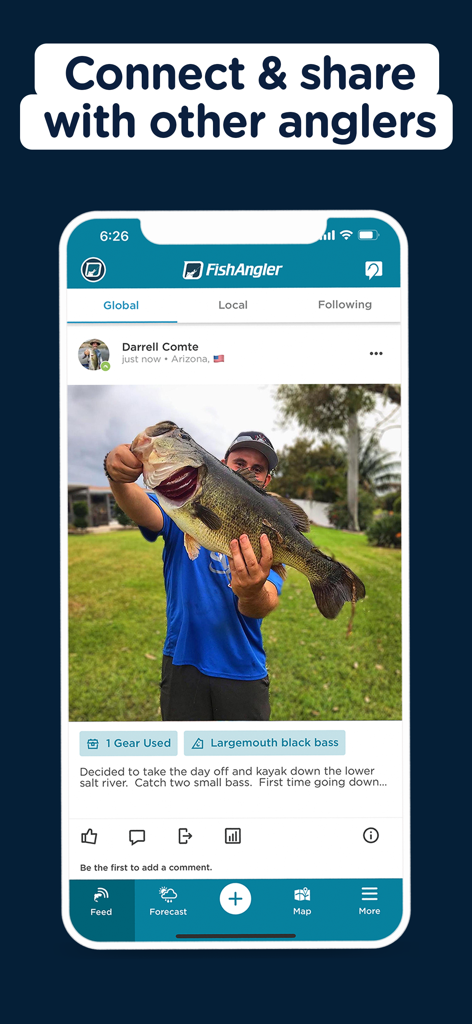 FishAngler - Fish Finder App - An angler sharing a photo of a largemouth bass catch on the FishAngler social feed.