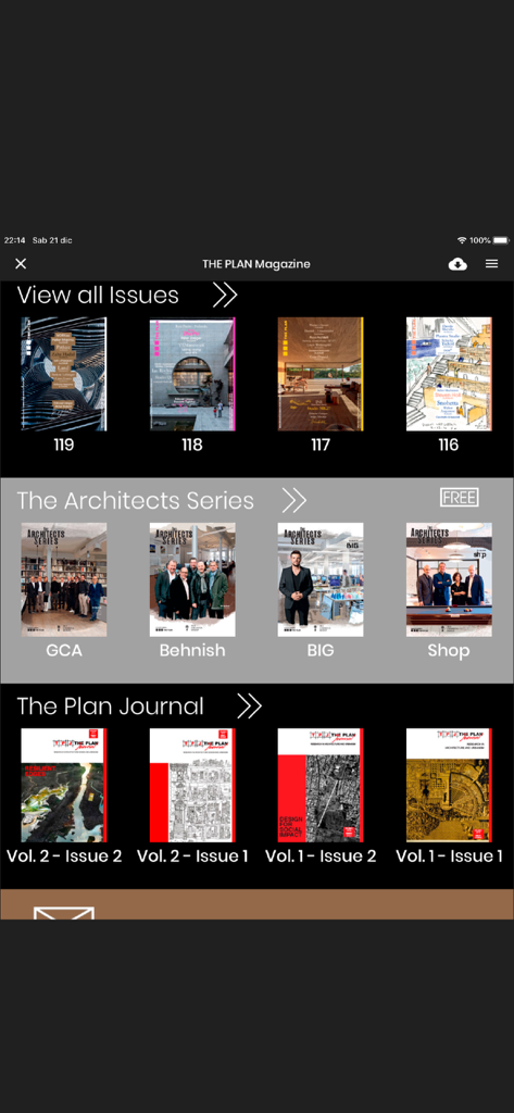 Screenshot of the PLAN Magazine app digital library showing architecture issues journals and the architects series