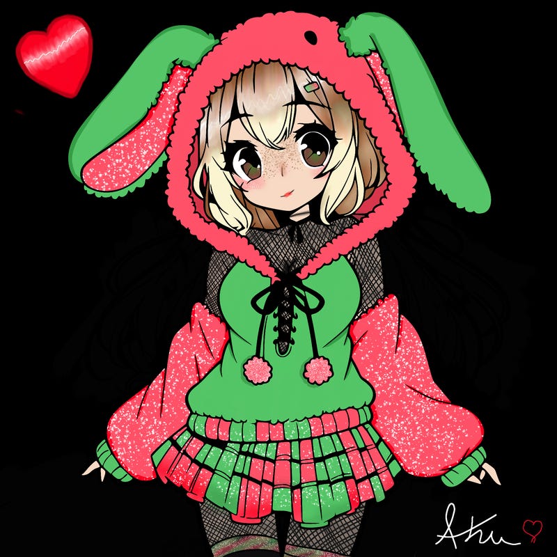 pretty anime girl wearing a fluffy hoodie with bunny ears on the hood and a skirt