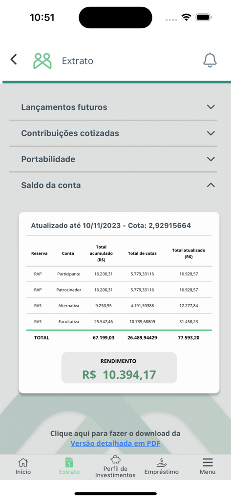연금 펀드 잔액과 투자 수익률을 보여주는 Funpresp 앱의 명세서 화면 스크린샷.