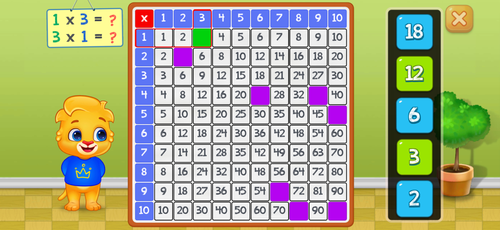 Multiplication Math For Kids - Un gioco interattivo a griglia con tabelle di moltiplicazione con una mascotte leone cartone animato per l'educazione dei bambini