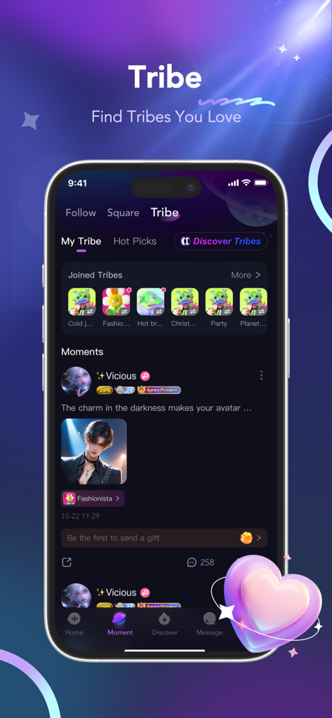 Nahki-Group Voice Chat & Party - Interfaz de la aplicación Nahki que muestra la página de la comunidad Tribu y el feed de Momentos sociales de los usuarios